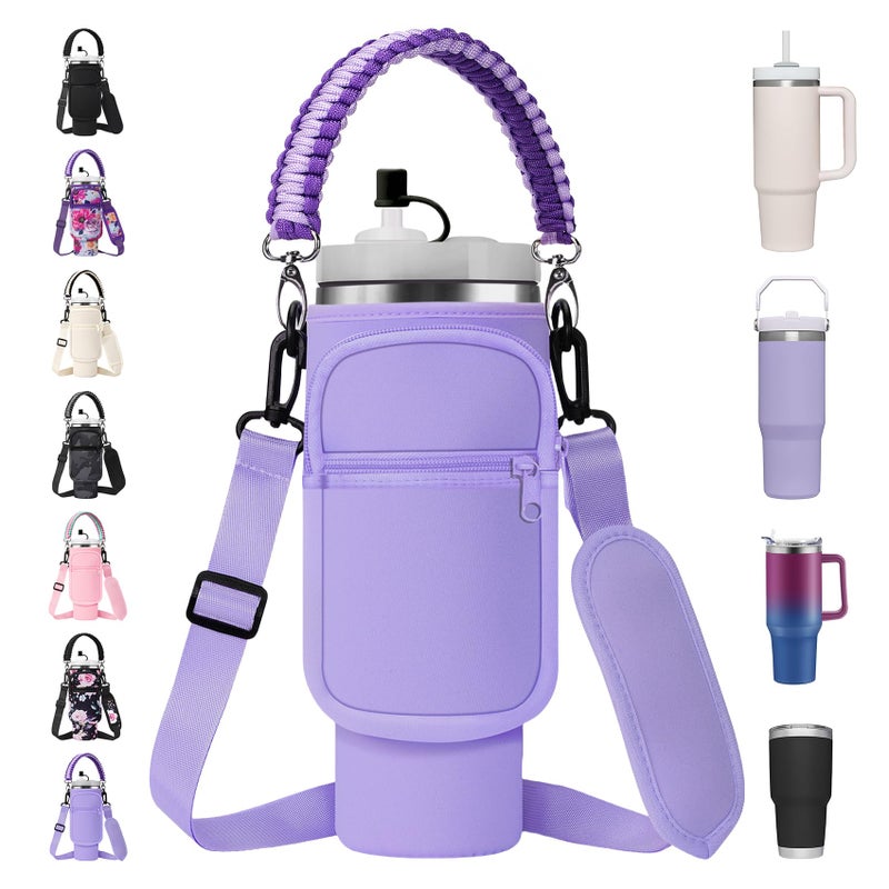 AceTreker Water Bottle Sling Bag with Paracord Handle for Stanley 3040 oz Tumbler Neoprene Insulated Cup Sleeve with 2 Pockets Adjustable Strap Straw Cap for Stanley Cup AccessoriesPurple - Image 2