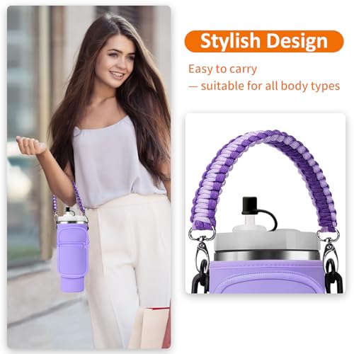 AceTreker Water Bottle Sling Bag with Paracord Handle for Stanley 3040 oz Tumbler Neoprene Insulated Cup Sleeve with 2 Pockets Adjustable Strap Straw Cap for Stanley Cup AccessoriesPurple - Image 3