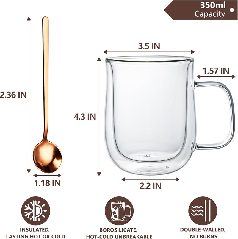 COMOME Double Walled Glass Coffee Mugs 12 OZ, Borosilicate Glass Coffee Cups Set of 2 with Spoons, Insulated Clear Coffee Mug for Hot Beverages, Cappuccino, Latte, Tea Bag. - Image 2