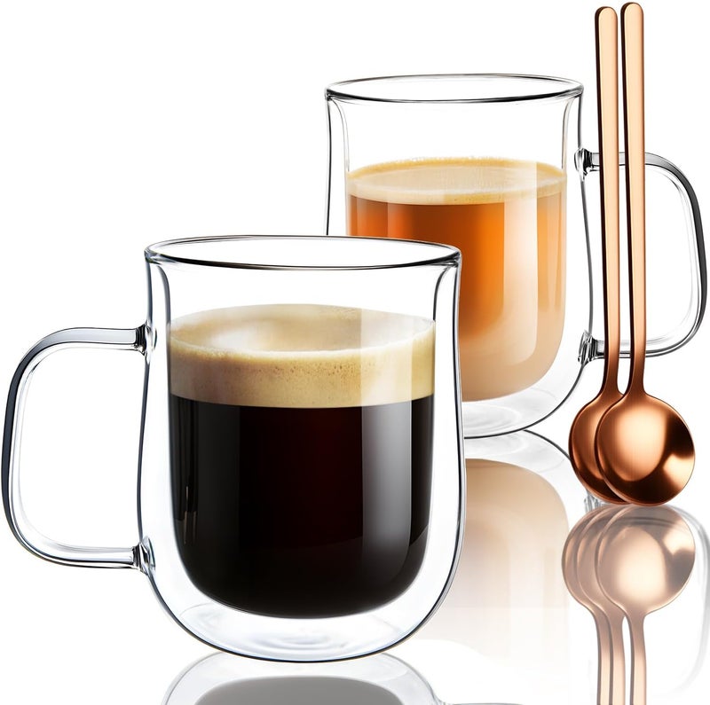 COMOME Double Walled Glass Coffee Mugs 12 OZ, Borosilicate Glass Coffee Cups Set of 2 with Spoons, Insulated Clear Coffee Mug for Hot Beverages, Cappuccino, Latte, Tea Bag. - Image 1