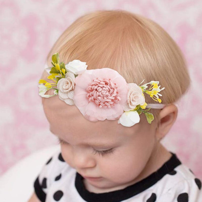 mligril Baby Girl Floral Headbands- 3pcs Nylon Headband Handmade Flower Crown Elastic Hairband Newborn Toddler Hair Accessories Gifts for Girls （1-6 years old） - Image 2