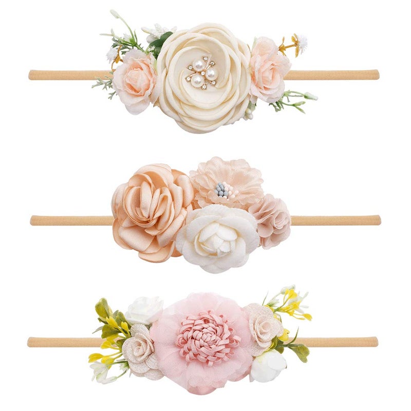 mligril Baby Girl Floral Headbands- 3pcs Nylon Headband Handmade Flower Crown Elastic Hairband Newborn Toddler Hair Accessories Gifts for Girls （1-6 years old） - Image 1