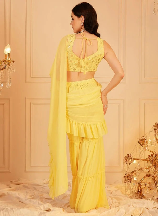 Indo Street Yellow Ruffled Crop Top & Palazzos Set for Women