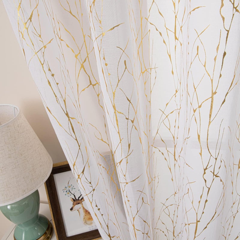 Deeprove Sheer Curtains 108 inches Long 2 Panels Set for Bedroom Living Room  Privacy Light Filter Gold Branch Metallic Sparkle Art Christmas Decor Golden Window Treatments Pair  W52 x L108  White - Image 3