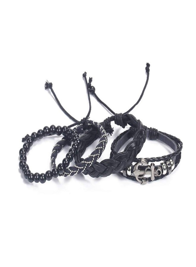 SBI Jewelry Men Stacks Leather Bracelet for Women Layered Anchor of Life 4PC Black Beaded Braided Wrap Cuff Friendship Couple Anniversary Birthday Christmas - Image 3