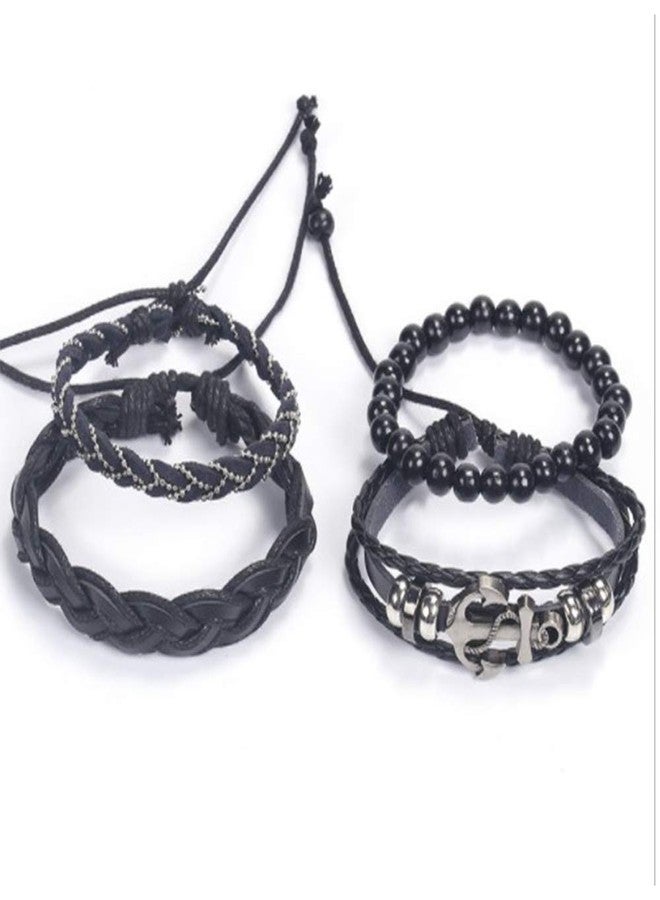 SBI Jewelry Men Stacks Leather Bracelet for Women Layered Anchor of Life 4PC Black Beaded Braided Wrap Cuff Friendship Couple Anniversary Birthday Christmas - Image 2