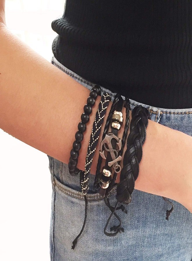 SBI Jewelry Men Stacks Leather Bracelet for Women Layered Anchor of Life 4PC Black Beaded Braided Wrap Cuff Friendship Couple Anniversary Birthday Christmas - Image 4