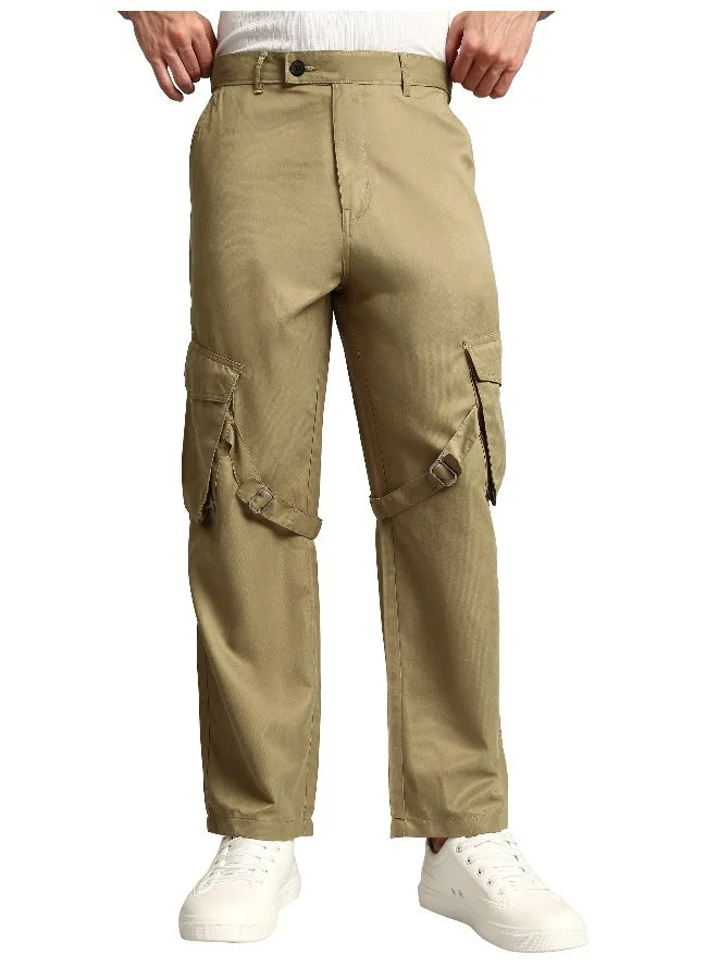 Beyoung Khaki Leather Drill Belted Cargo Pants