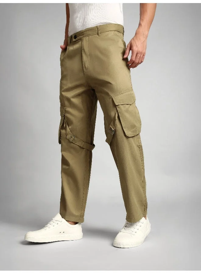 Beyoung Khaki Leather Drill Belted Cargo Pants