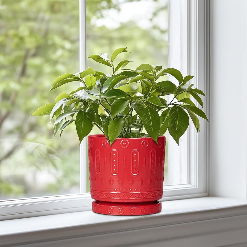 Eightpot 6 Inch Ceramic Planter Pot Plant Pot with Drainage Hole and Saucer, Round Large Flower Pot for Indoor Plants Outdoor Garden Planter Pot, Red - Image 3