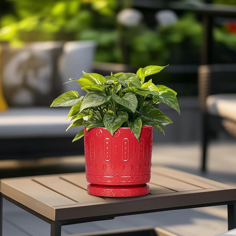 Eightpot 6 Inch Ceramic Planter Pot Plant Pot with Drainage Hole and Saucer, Round Large Flower Pot for Indoor Plants Outdoor Garden Planter Pot, Red - Image 4