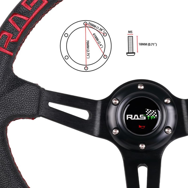 RASTP عجلة قيادة سباق RASTP العالمية، عجلة قيادة عميقة جلد مطرزة 13.58"/345mm 6 براغي مع زر بوق يتضمن كابل ومفتاح، أسود - Image 4