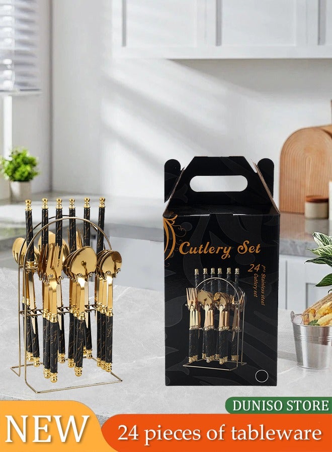 DUNISO 24 Pieces of Cutlery set, stainless steel Western style utensil rack set, mirror polished, with knife, fork, spoon and storage rack, suitable for restaurant kitchen gatherings (black)  - Image 1