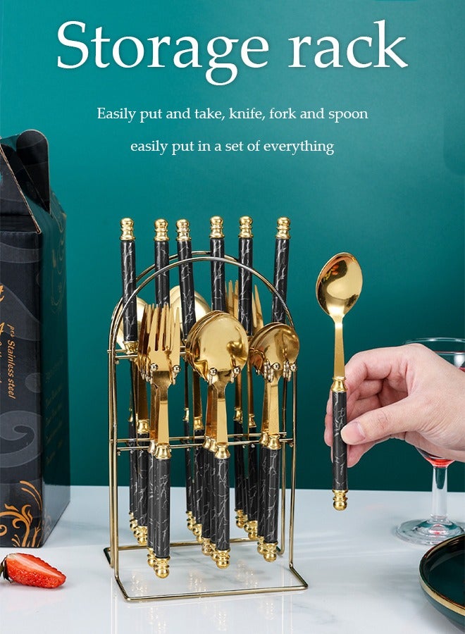 DUNISO 24 Pieces of Cutlery set, stainless steel Western style utensil rack set, mirror polished, with knife, fork, spoon and storage rack, suitable for restaurant kitchen gatherings (black)  - Image 4