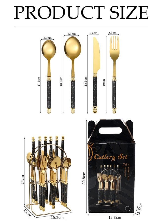 DUNISO 24 Pieces of Cutlery set, stainless steel Western style utensil rack set, mirror polished, with knife, fork, spoon and storage rack, suitable for restaurant kitchen gatherings (black)  - Image 2