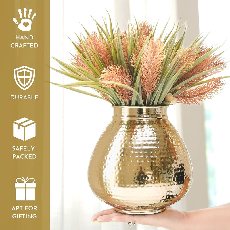 Behoma Matki Shape Metal Flower Vase for Home Decor Hammered Metal Flower Pot for Office Table Decorations Modern vases Gift for Anniversary Festival 8 inches Golden 1 Pc Flowers not Included - Image 2
