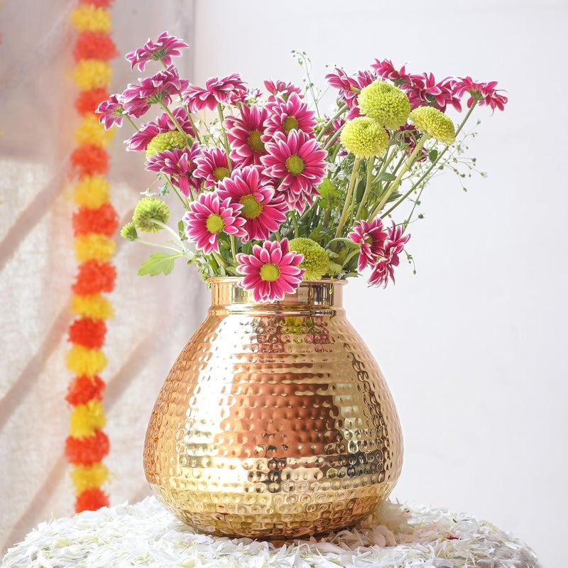 Behoma Matki Shape Metal Flower Vase for Home Decor Hammered Metal Flower Pot for Office Table Decorations Modern vases Gift for Anniversary Festival 8 inches Golden 1 Pc Flowers not Included - Image 5