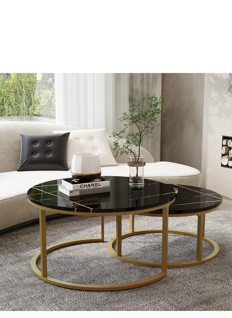 PENG GENERAL - Nesting Coffee Tables, Round Nesting Tables Set of 2, End Tables with Golden Metal Frame, Side Tables Wooden Table Top 70x45cm + 50x38cm Black - Image 1