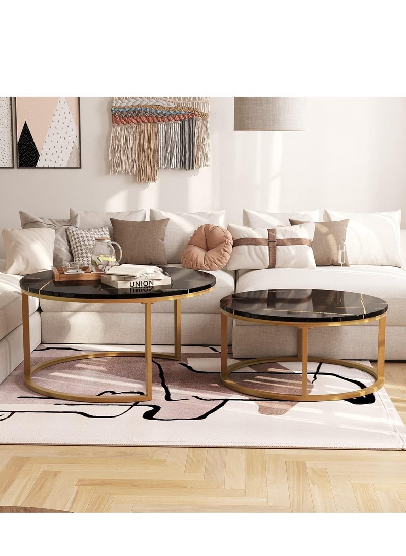 PENG GENERAL - Nesting Coffee Tables, Round Nesting Tables Set of 2, End Tables with Golden Metal Frame, Side Tables Wooden Table Top 70x45cm + 50x38cm Black - Image 1