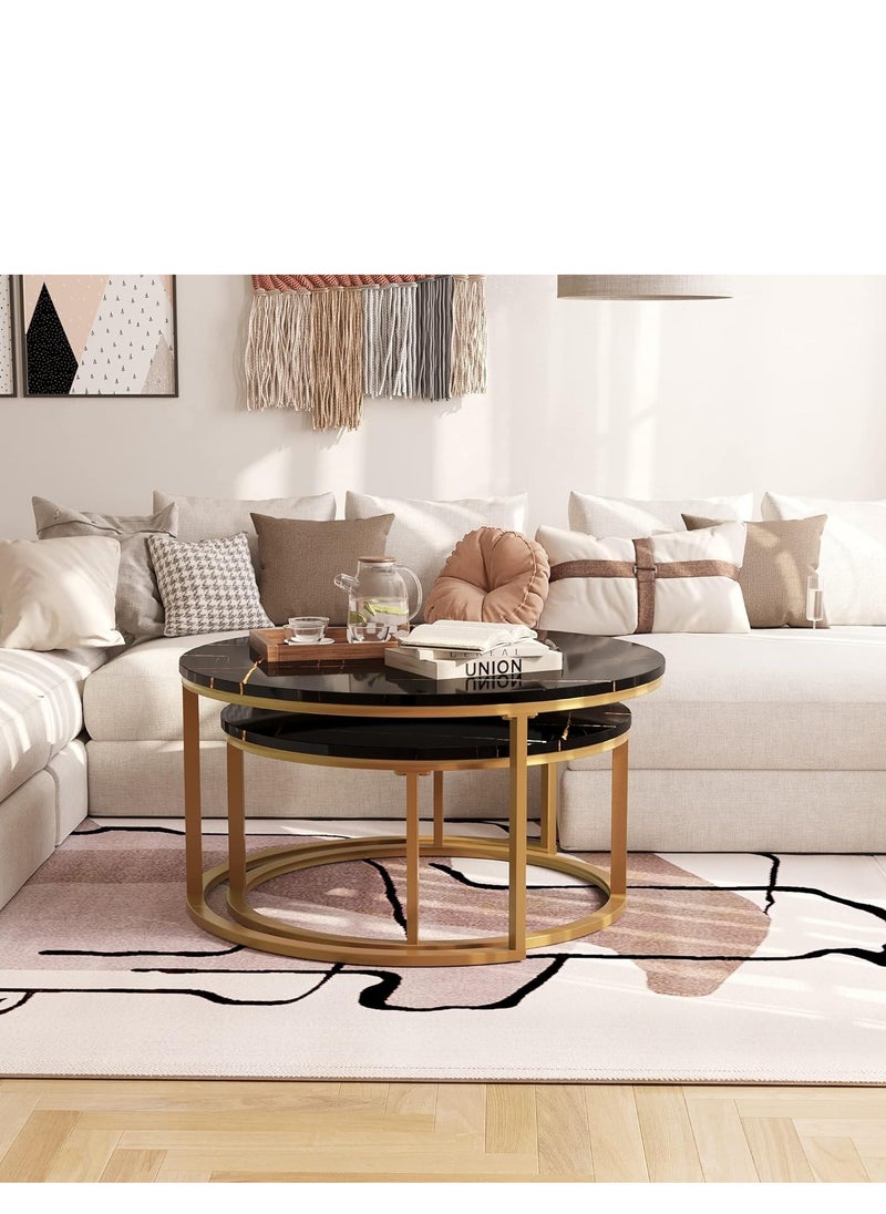 PENG GENERAL - Nesting Coffee Tables, Round Nesting Tables Set of 2, End Tables with Golden Metal Frame, Side Tables Wooden Table Top 70x45cm + 50x38cm Black - Image 1