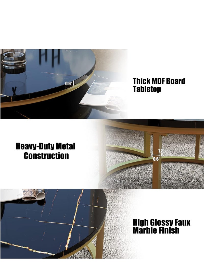 PENG GENERAL - Nesting Coffee Tables, Round Nesting Tables Set of 2, End Tables with Golden Metal Frame, Side Tables Wooden Table Top 70x45cm + 50x38cm Black - Image 1