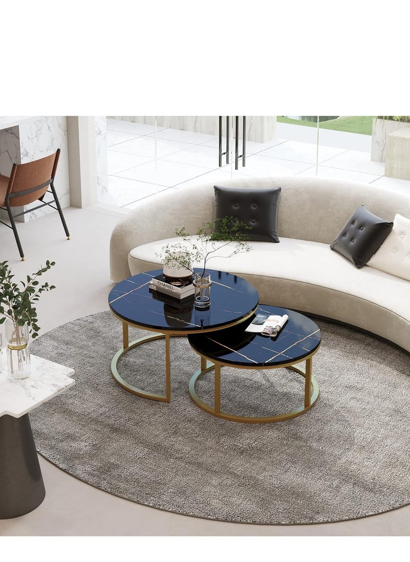 PENG GENERAL - Nesting Coffee Tables, Round Nesting Tables Set of 2, End Tables with Golden Metal Frame, Side Tables Wooden Table Top 70x45cm + 50x38cm Black - Image 1
