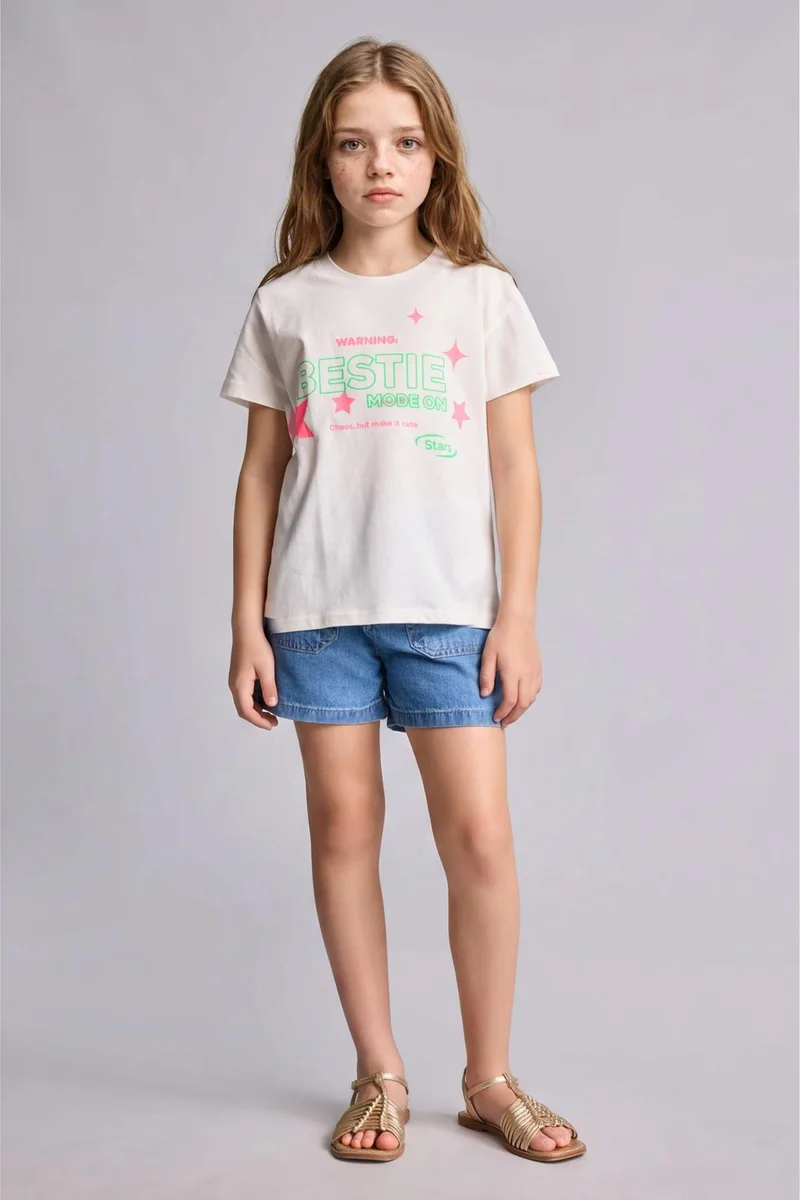 ديفاكتو Girl Printed Crew Neck Short Sleeve T-Shirt