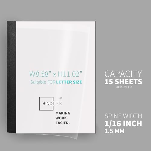 Binditek 20 Pack Thermal Binding Presentation Covers, 1/16 Inch Spine Holds 15 Sheets, Ultra Clear Front Cover, Black Paper Back Cover, Letter Size, for Students and Coworkers - Image 3
