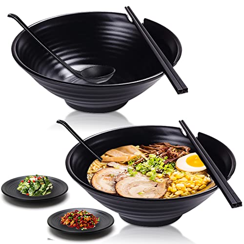 Vivimee Unbreakable Japanese Style Ramen Bowl Set of 2 37oz Black Large Matte Melamine Bowls and Spoons Set with Chopsticks  Saucers for Pho Thai Miso Udon Soup Noodles or Asian Food