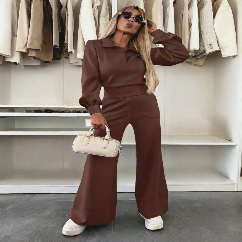 Casual Long Sleeve Top with Elastic Waist Wide Leg Pants 2-Piece Set - Image 4