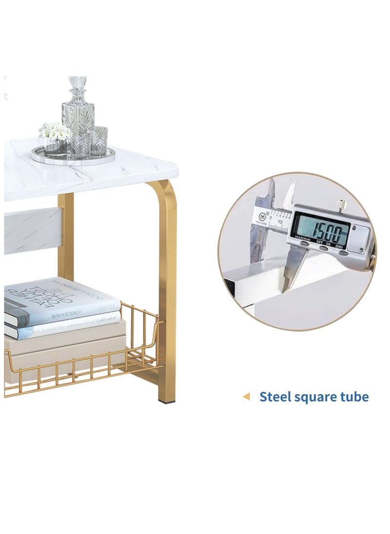 Oasis - Coffee Table Sofa Side Table Bedside Table with Storage Basket  Suitable for Living Room Bedroom Office Balcony  White  Easy to Assemble 2 Layers - Image 1