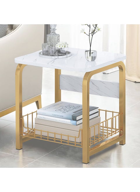 Coffee Table Sofa Side Table Bedside Table with Storage Basket  Suitable for Living Room Bedroom Office Balcony  White  Easy to Assemble 2 Layers