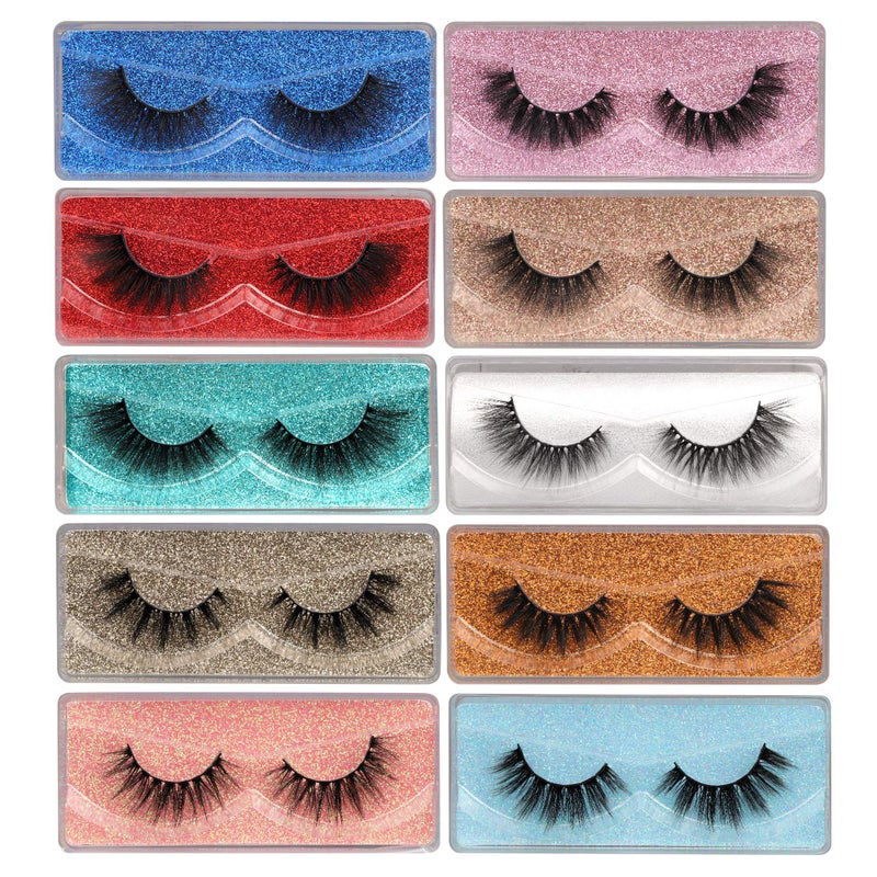 Pawotence False Eyelashes Wispy 18 mm Natural 3D Faux Mink Lashes Pack 10 Pairs 10 Styles Mixed Soft Reusable Fake Eyelashes Bulk with Glitter Portable Boxes - Image 1