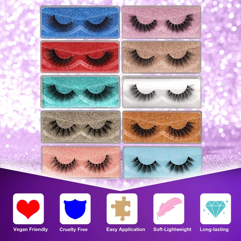 Pawotence False Eyelashes Wispy 18 mm Natural 3D Faux Mink Lashes Pack 10 Pairs 10 Styles Mixed Soft Reusable Fake Eyelashes Bulk with Glitter Portable Boxes - Image 5