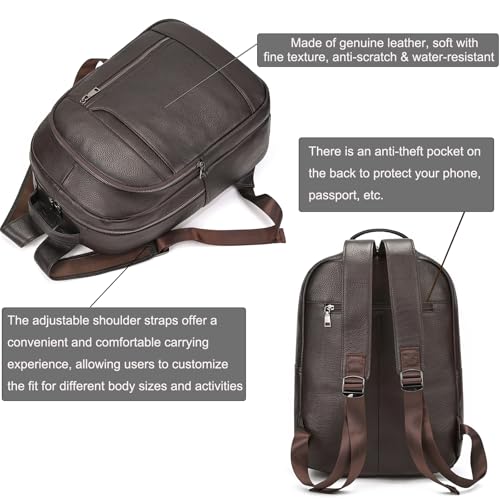 LUUFAN Genuine Leather Backpack for Men, Casual Shoulder Bag Multi Pockets Daypack 15.6 Inch Laptop Bag for Travel Business Outdoor, Brown - Image 4