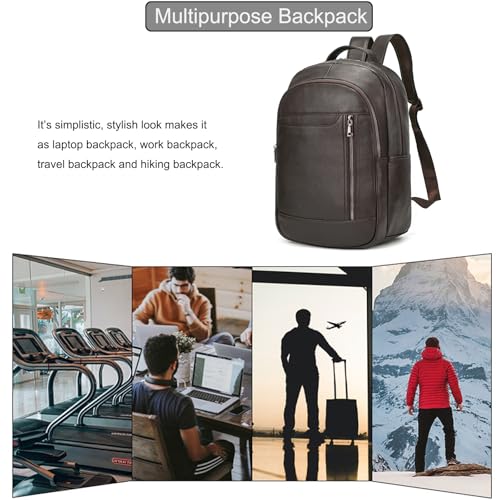 LUUFAN Genuine Leather Backpack for Men, Casual Shoulder Bag Multi Pockets Daypack 15.6 Inch Laptop Bag for Travel Business Outdoor, Brown - Image 5