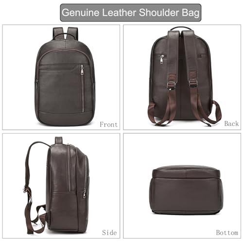 LUUFAN Genuine Leather Backpack for Men, Casual Shoulder Bag Multi Pockets Daypack 15.6 Inch Laptop Bag for Travel Business Outdoor, Brown - Image 2