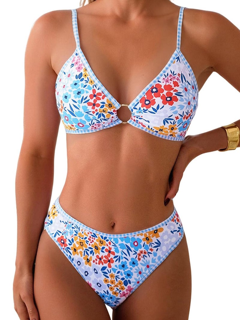 Fanuerg Women's Triangle Bikini Sets O Ring Linked Two Piece Swimsuits Floral Printed Cheeky Bathing Suit Paisley Blue Red Floral S - Image 1