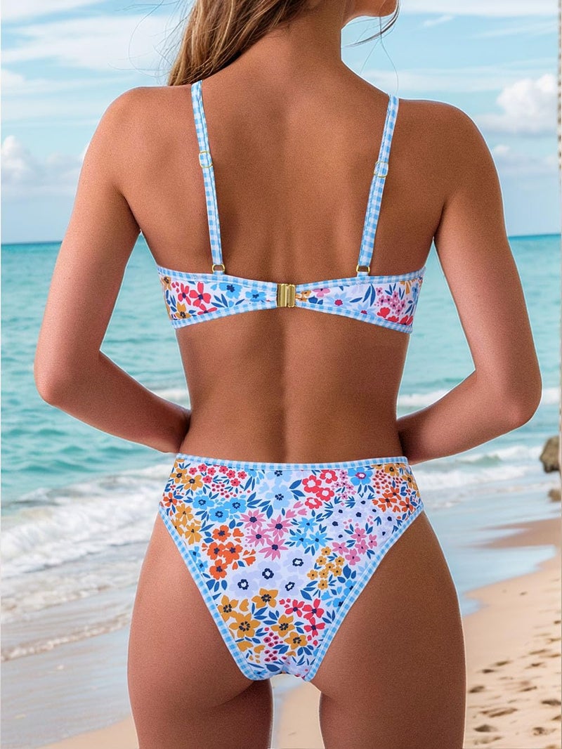 Fanuerg Women's Triangle Bikini Sets O Ring Linked Two Piece Swimsuits Floral Printed Cheeky Bathing Suit Paisley Blue Red Floral S - Image 3