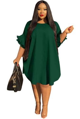 Ekaliy Women’s Summer Ruffle Sleeve Round Neck Loose Fit Casual Swing Short Mini Dress XXXXXL Green - Image 5