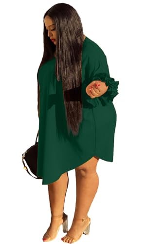 Ekaliy Women’s Summer Ruffle Sleeve Round Neck Loose Fit Casual Swing Short Mini Dress XXXXXL Green - Image 2