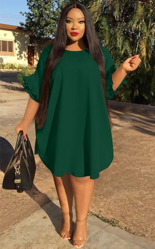 Ekaliy Women’s Summer Ruffle Sleeve Round Neck Loose Fit Casual Swing Short Mini Dress XXXXXL Green - Image 3