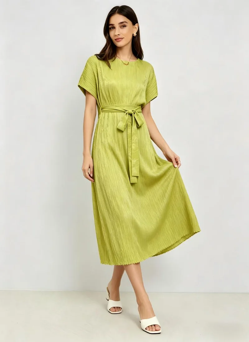 Take Two Neon Yellow Textured Tie-Up Details A-Line Midi Dress