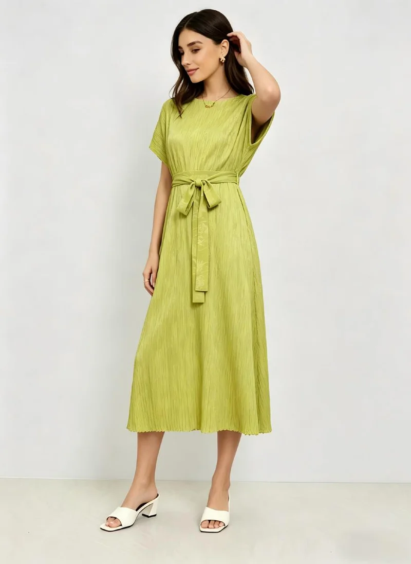 Take Two Neon Yellow Textured Tie-Up Details A-Line Midi Dress