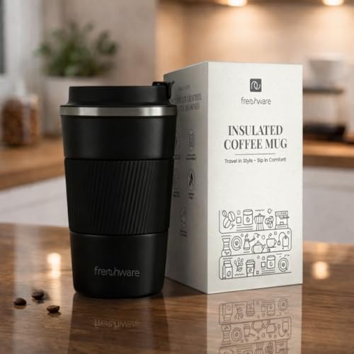 Frenchware Coffee Mug | 510 ML | Tumbler, Flask for Tea Coffee, Insulated Coffee Mug, Double Wall Vacuum Insulated Mug, Leakproof Lid, Travel Coffee Mug (Black) - Image 1