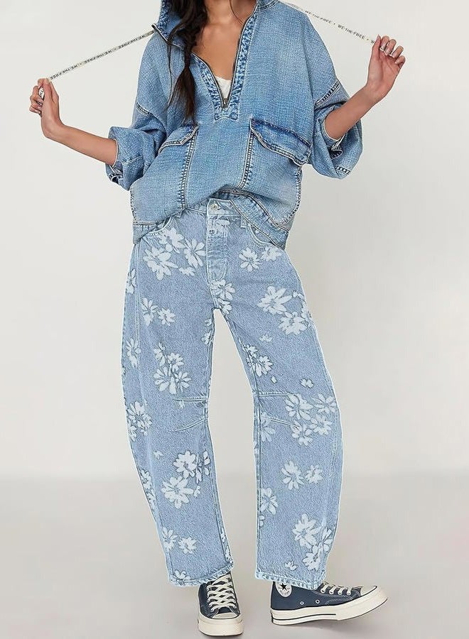 ebossy Women's Retro Floral Print Barrel Jeans Mid Rise Wide Leg Baggy Boyfriend Horseshoe Denim Pants, Light Blue, M - Image 3