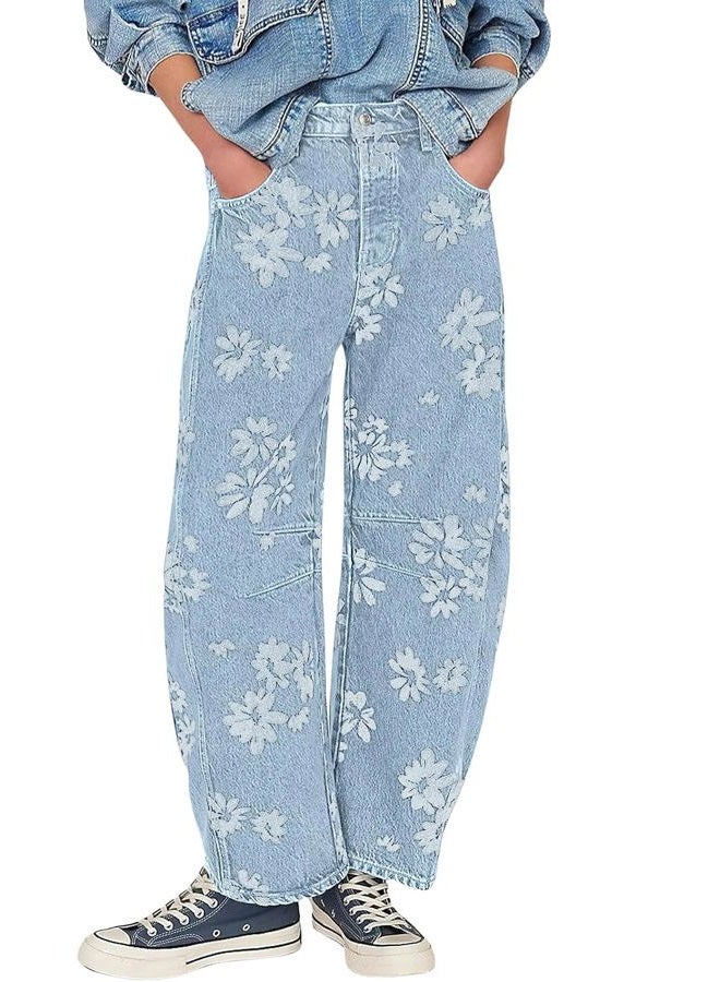 ebossy Women's Retro Floral Print Barrel Jeans Mid Rise Wide Leg Baggy Boyfriend Horseshoe Denim Pants, Light Blue, M - Image 1