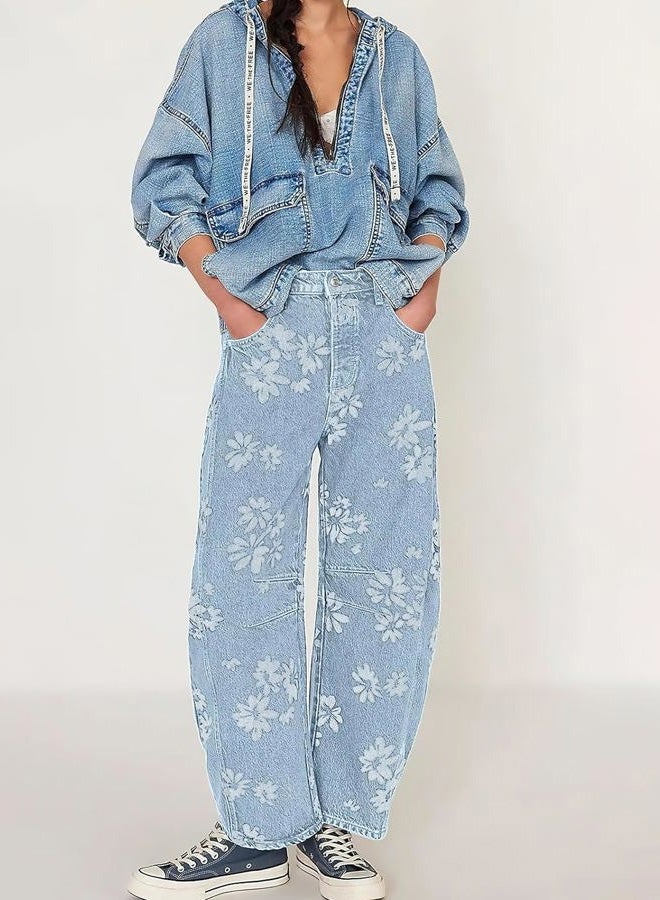 ebossy Women's Retro Floral Print Barrel Jeans Mid Rise Wide Leg Baggy Boyfriend Horseshoe Denim Pants, Light Blue, M - Image 4
