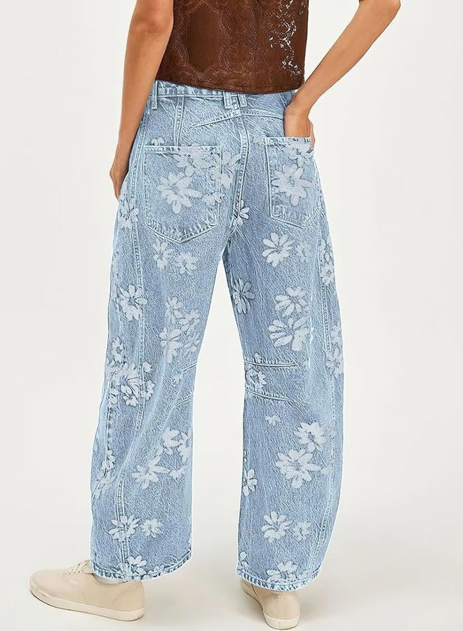 ebossy Women's Retro Floral Print Barrel Jeans Mid Rise Wide Leg Baggy Boyfriend Horseshoe Denim Pants, Light Blue, M - Image 2