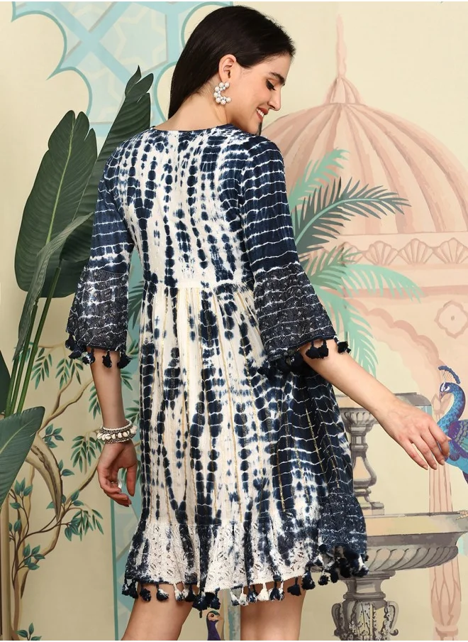 ISHIN Aline Fit Self Design Pattern V-Neck Neck Three-Quarter Sleeves Indigo Colour Knitted Cotton Dresses for Women with Semi Elastic Closure - Unmatched Grace and Comfort